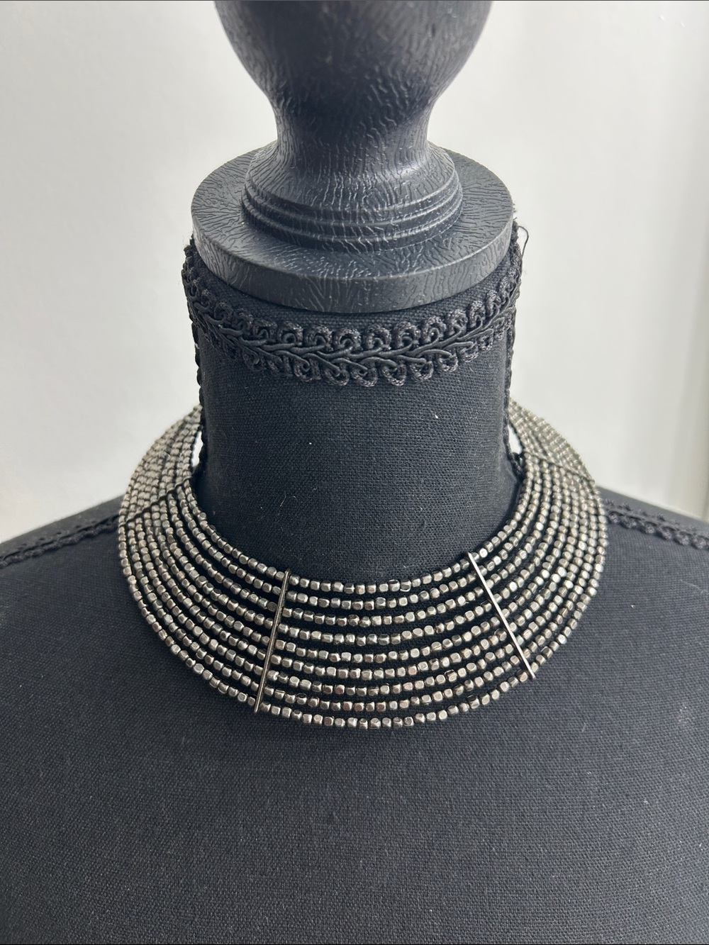 Multi-Row Metallic Beaded Choker Necklace - Silver Tone
